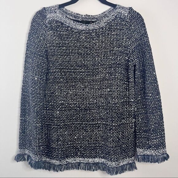 Ann Taylor Blue Sequin Glitter Sweater with Fringe Sleeves & Hem - Picture 1 of 8